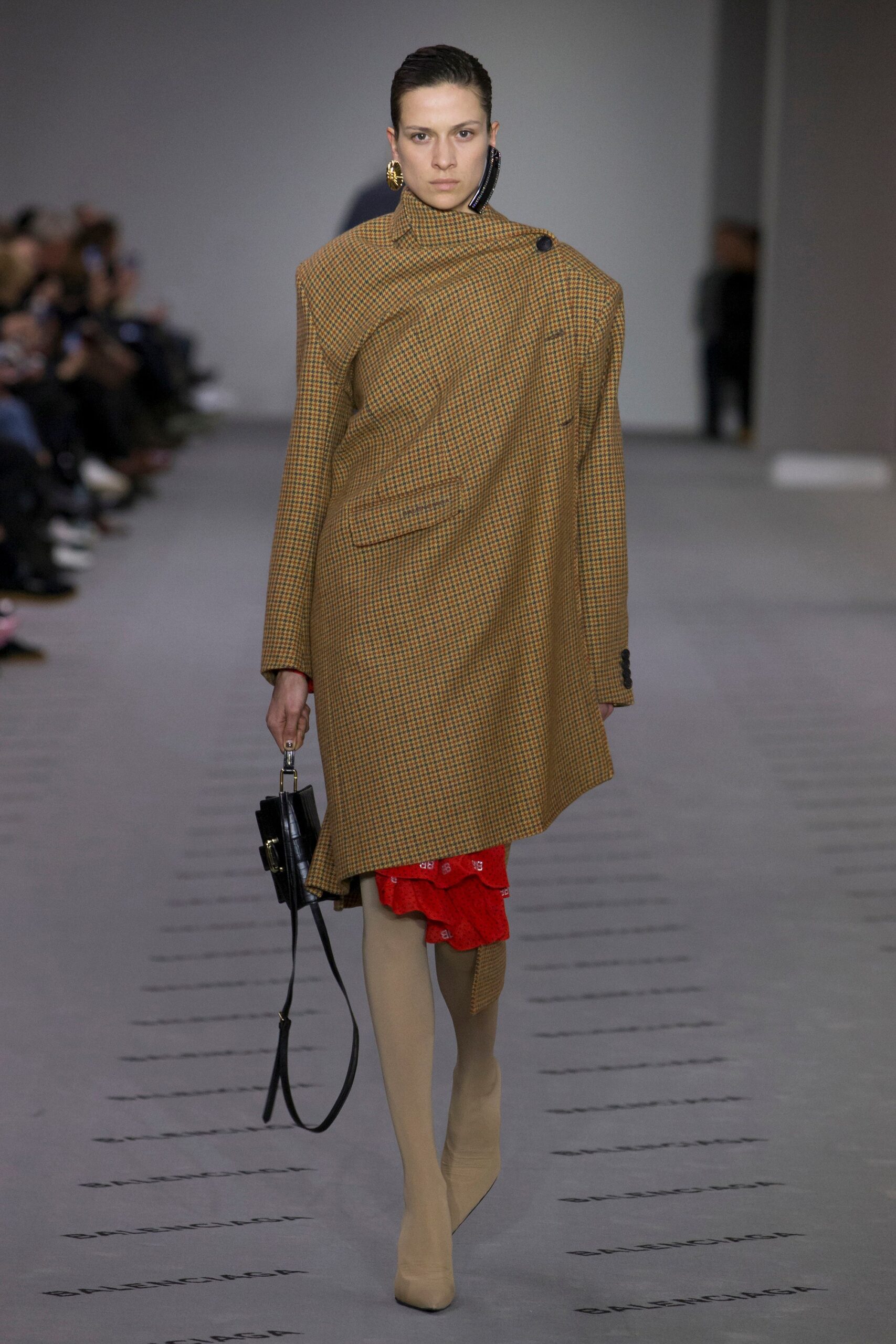 brown checked coat with red dress
