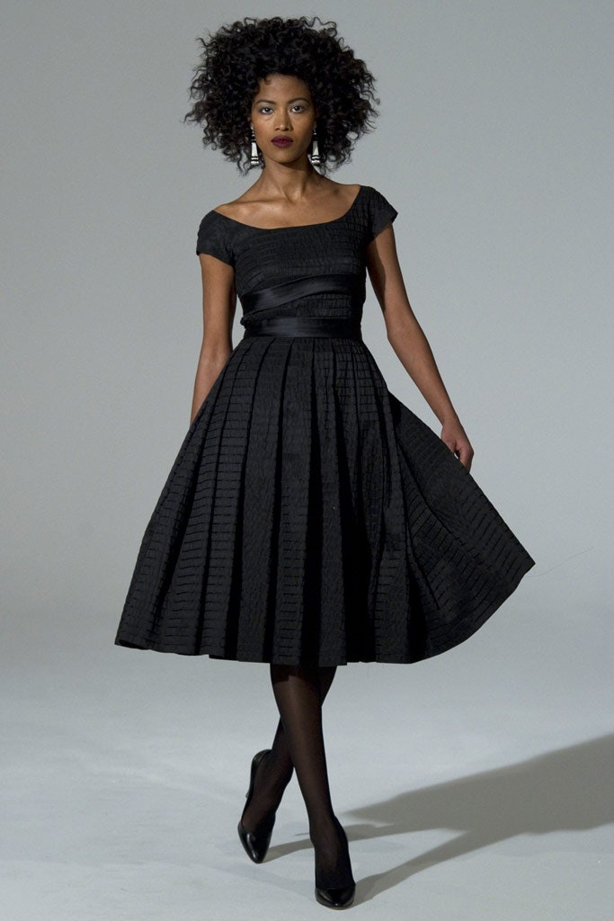 black silk off-shoulder pleated dress