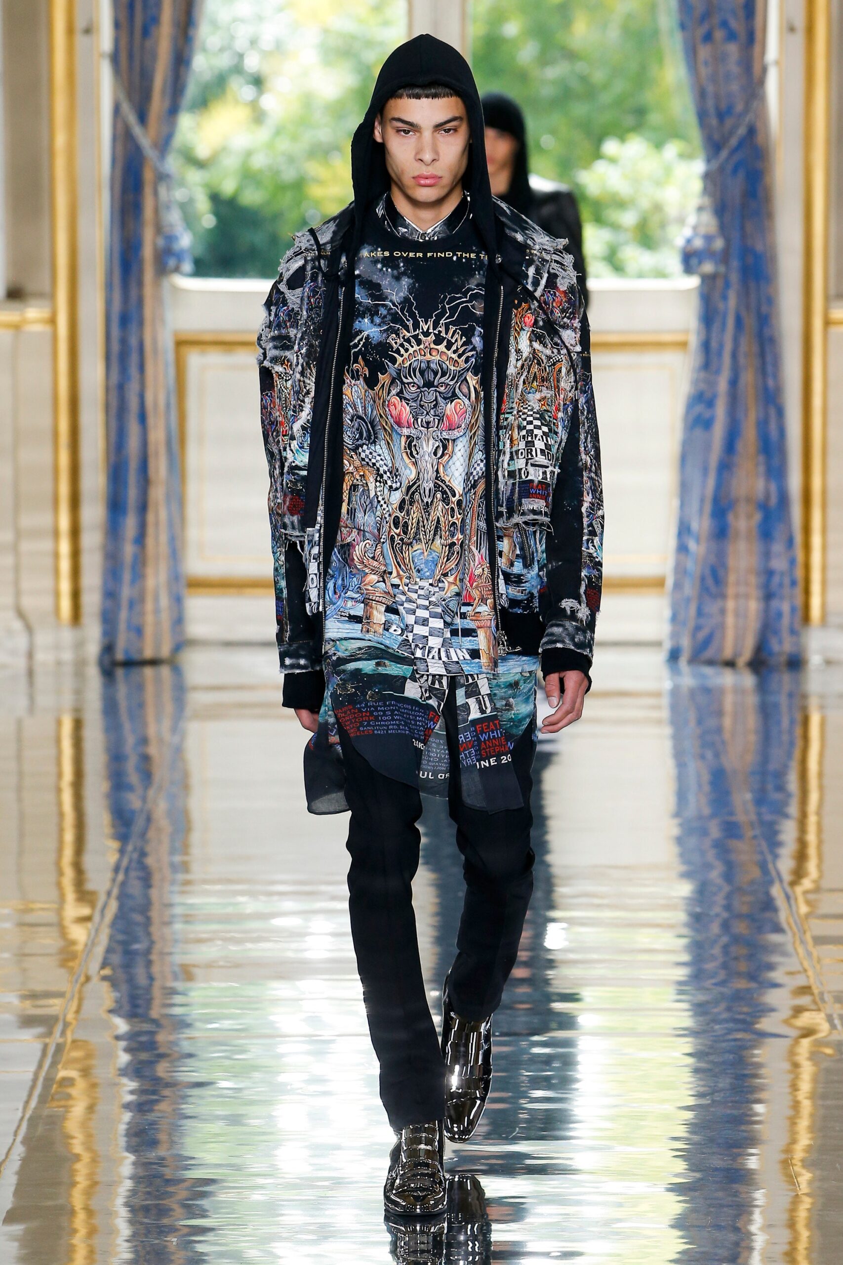 black multi printed coat with slim pants