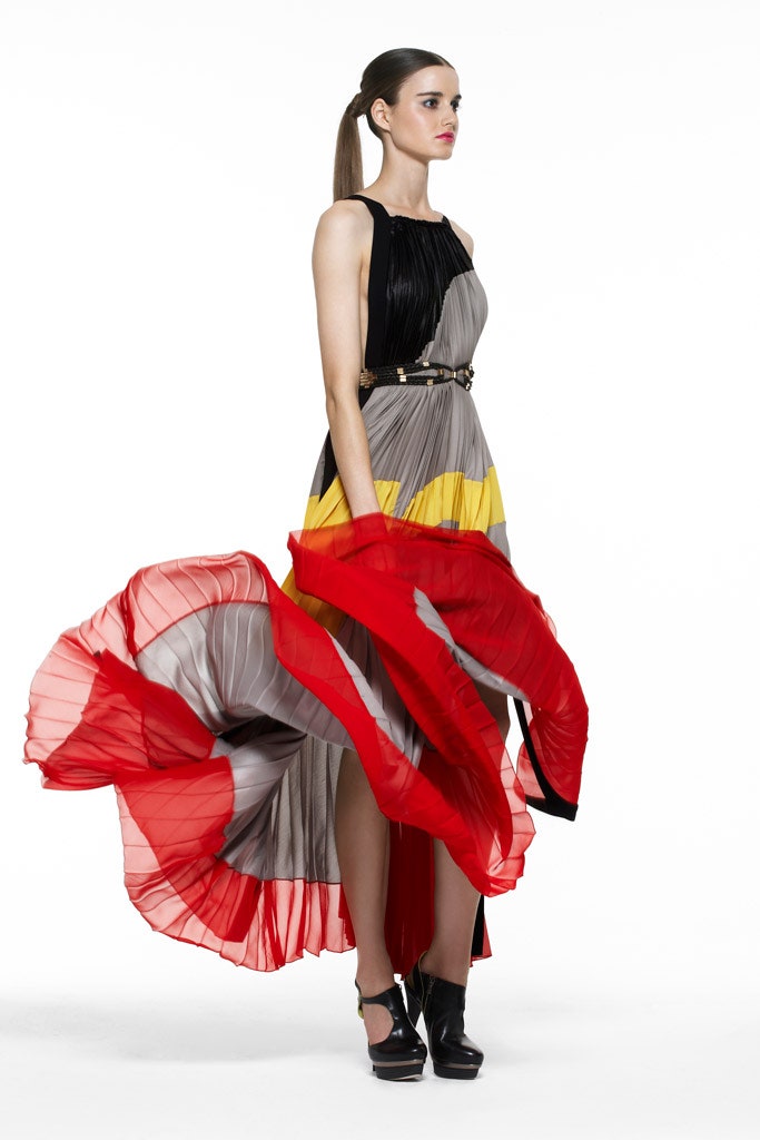 pleated midi dress with flowing layers