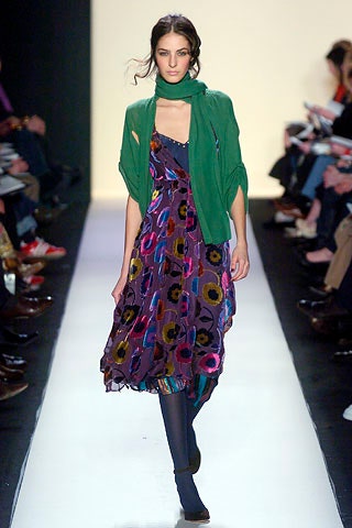 purple printed midi dress with green scarf