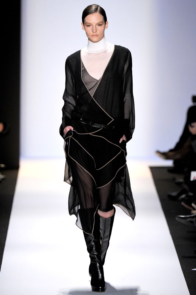 black sheer draped midi dress with boots