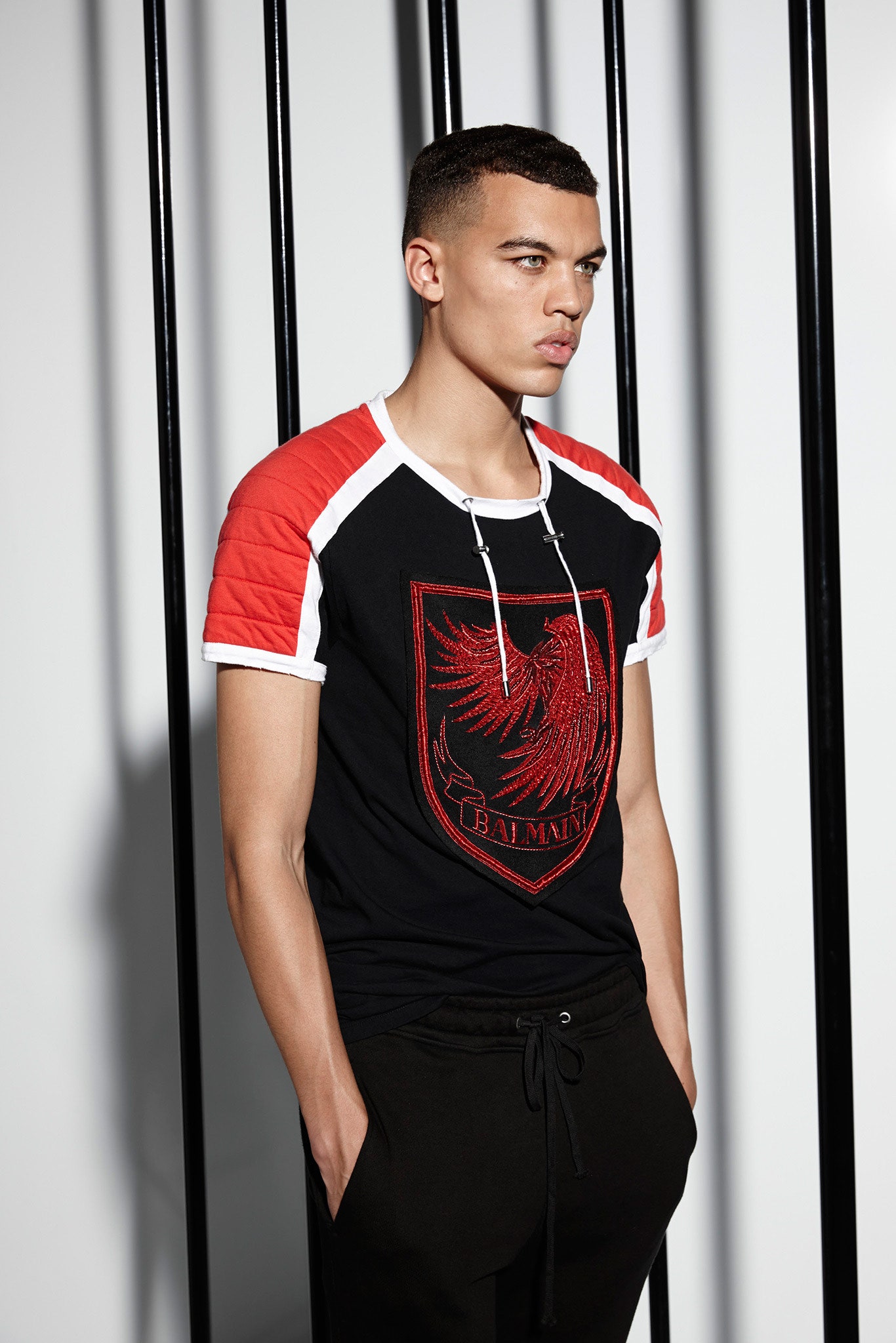 black and red fitted t-shirt with relaxed pants