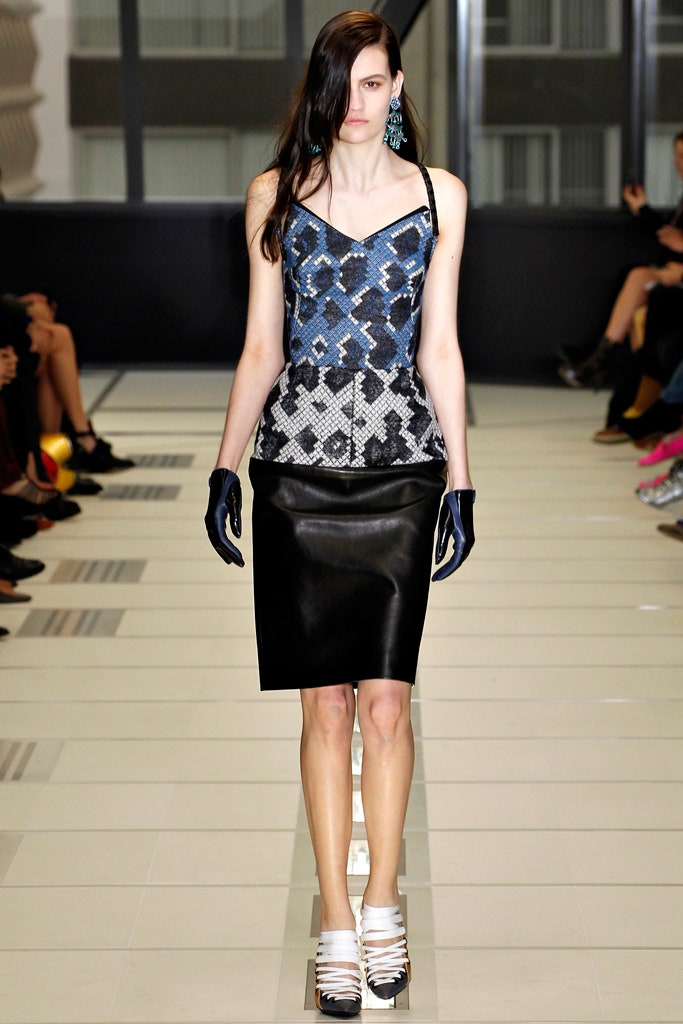 fitted blue printed top with leather skirt