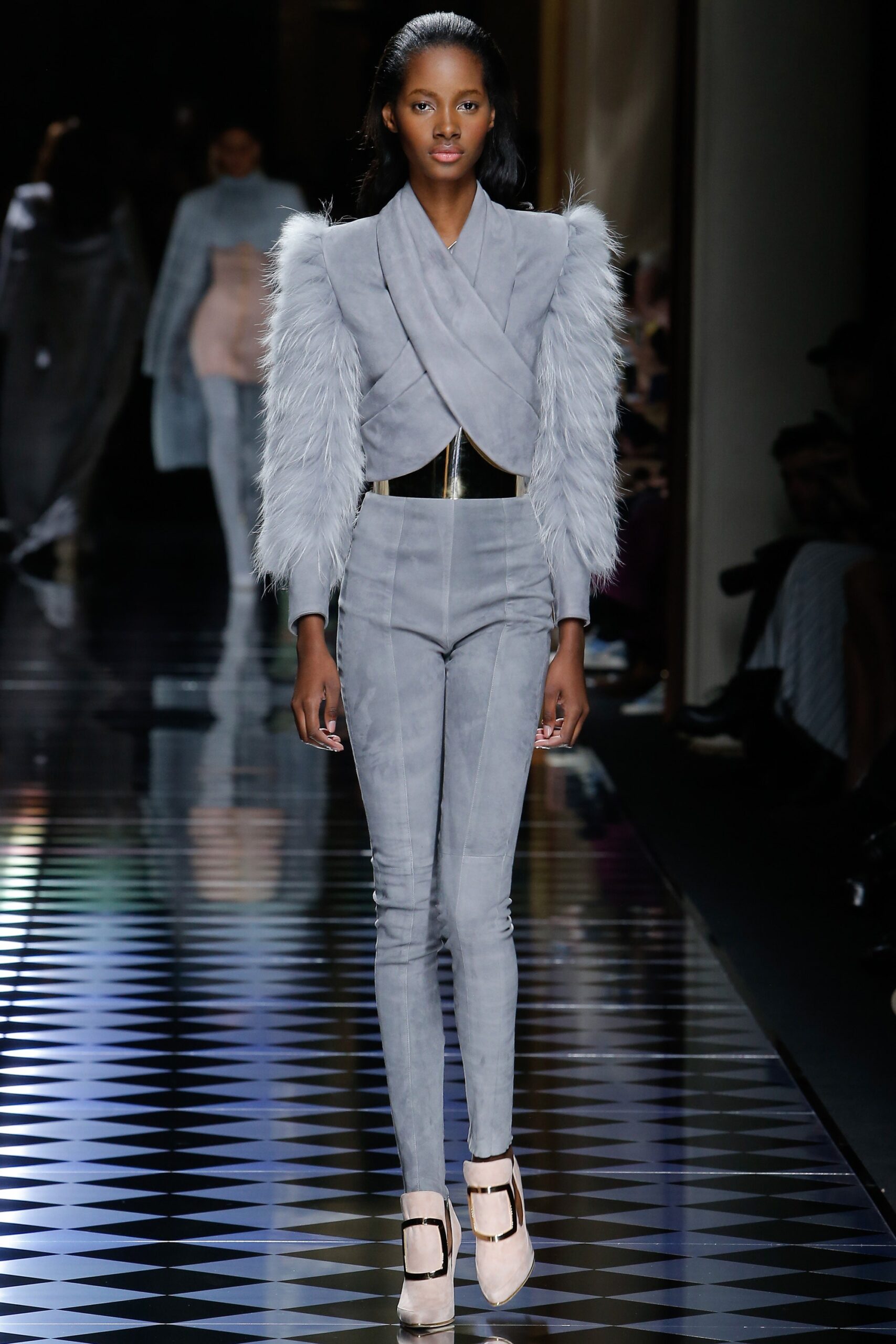 gray suede fitted jumpsuit