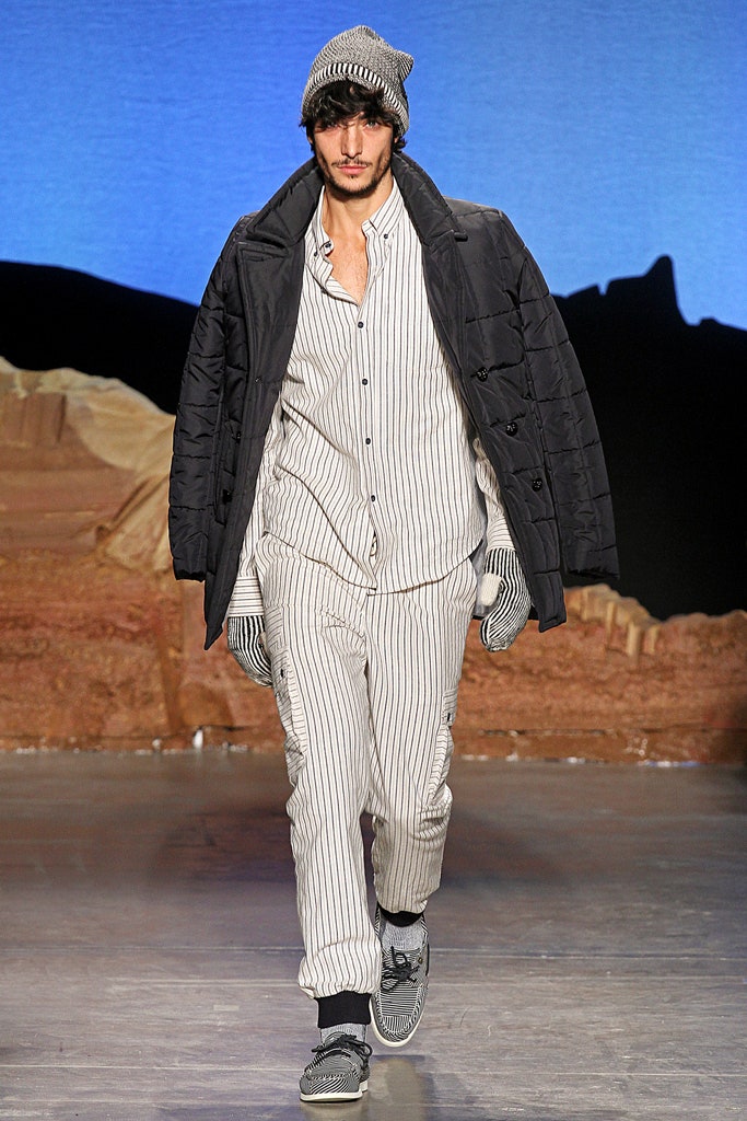 black jacket with striped shirt and pants