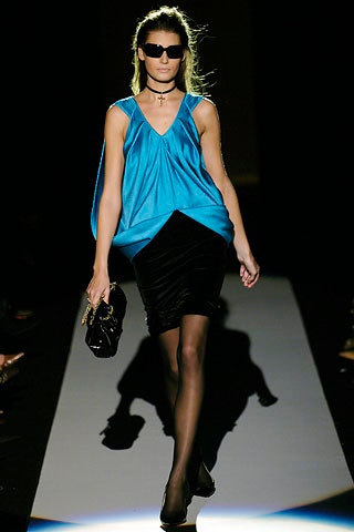 blue silk relaxed top with black pencil skirt