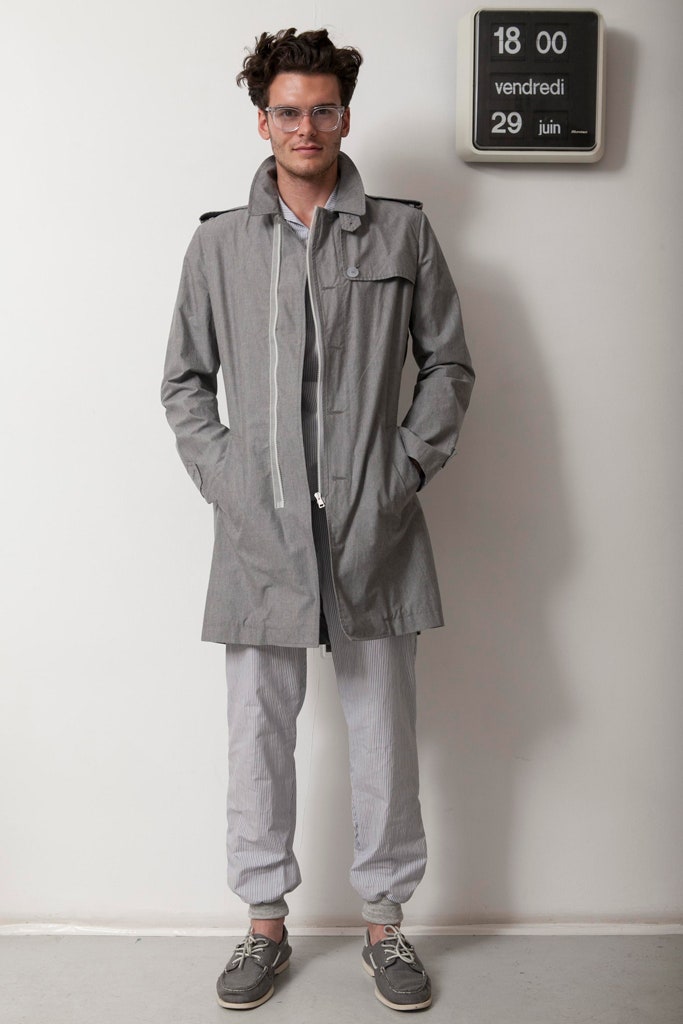 gray relaxed coat with striped pants