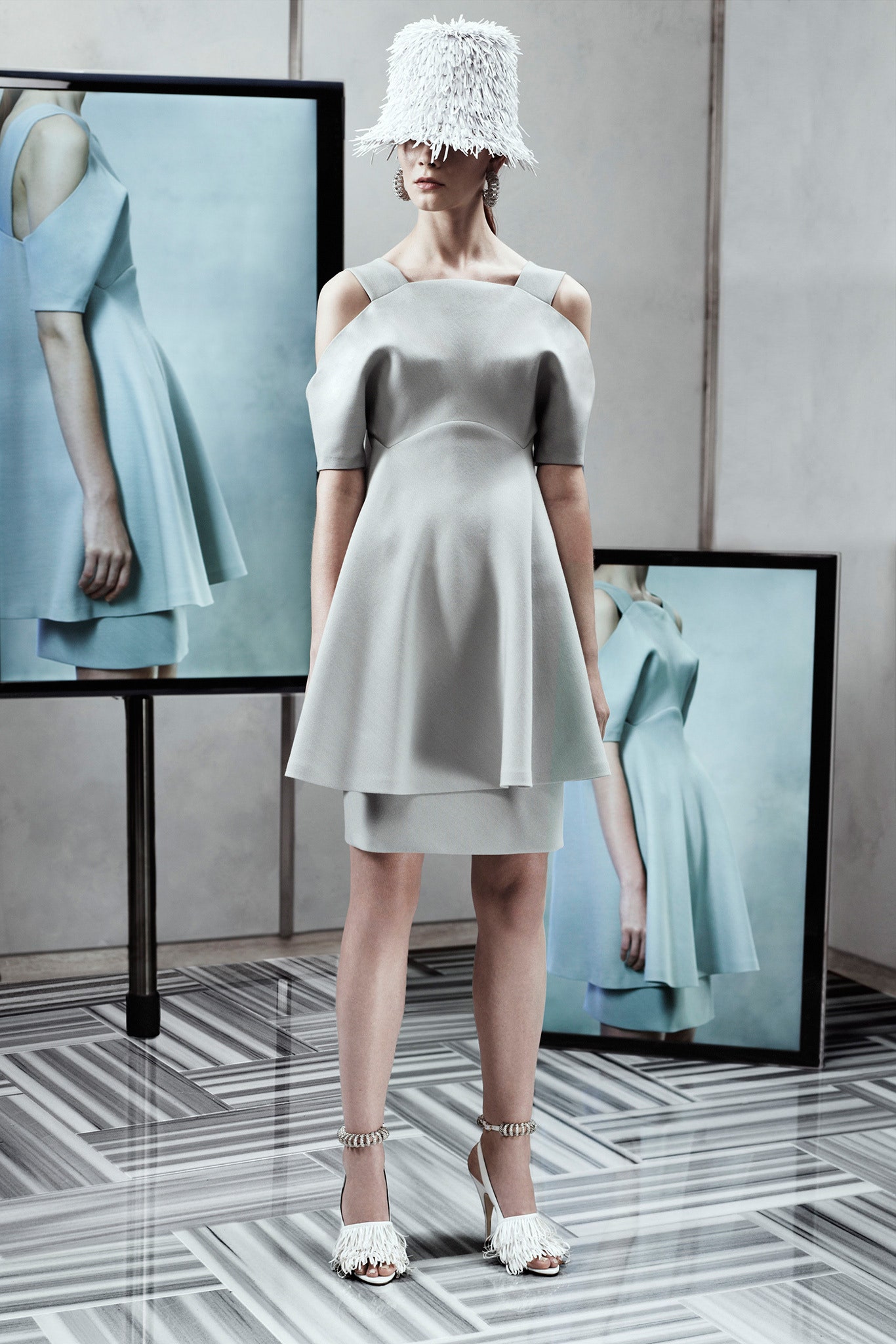 gray silk off-shoulder dress