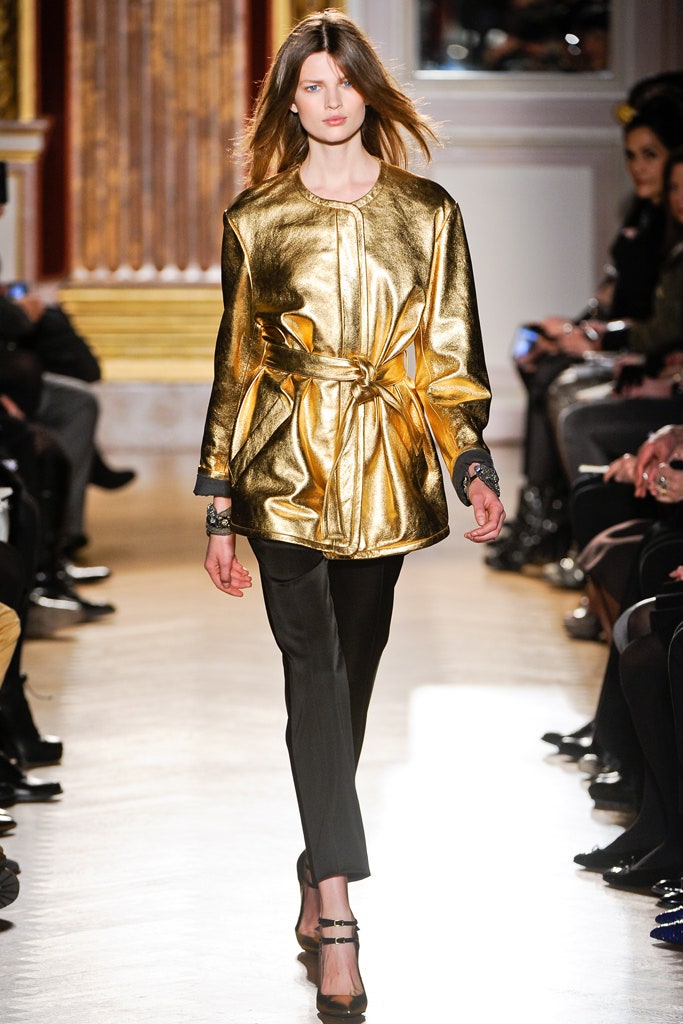 gold metallic long-sleeve collared fitted belted shiny jacket
