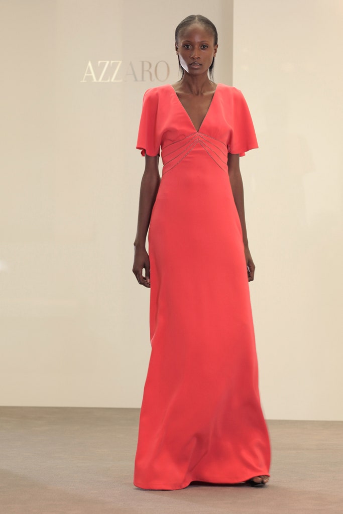 coral silk fitted gown