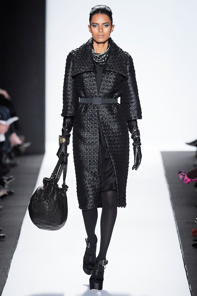 black leather long-sleeve collared fitted belted textured coat