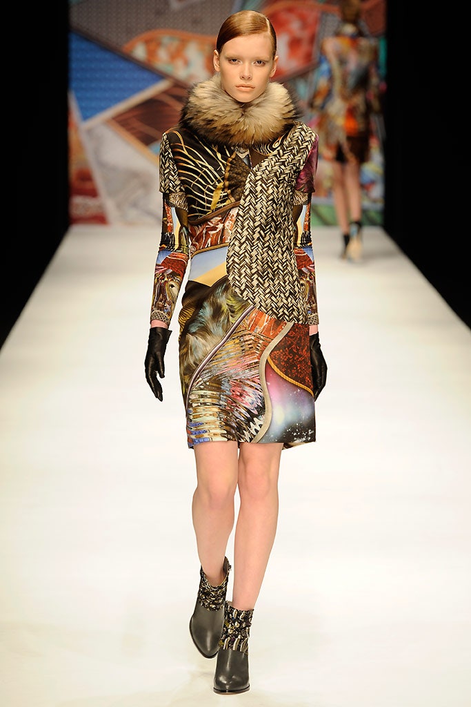 multi silk long-sleeve v-neck fitted printed mini dress