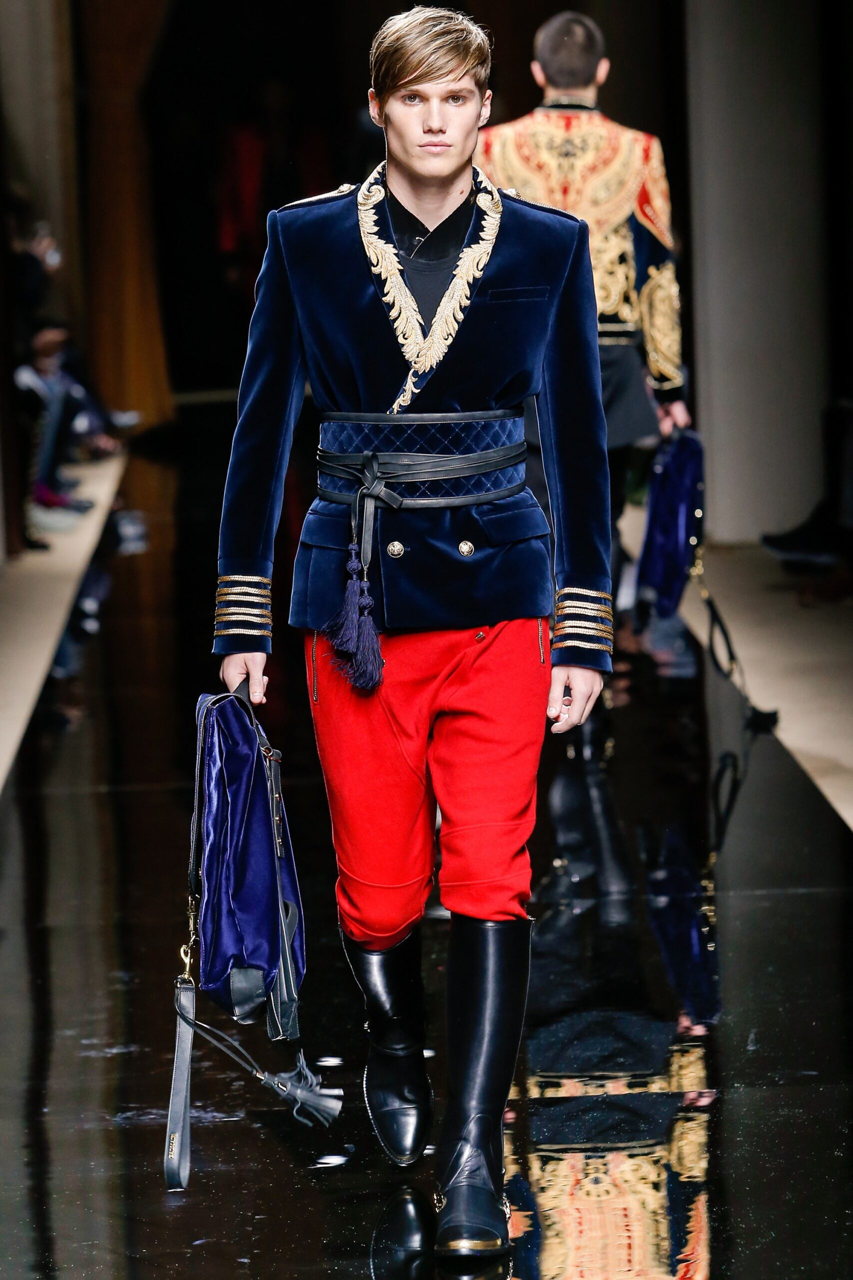 blue velvet long-sleeve collared fitted embroidered buttoned jacket