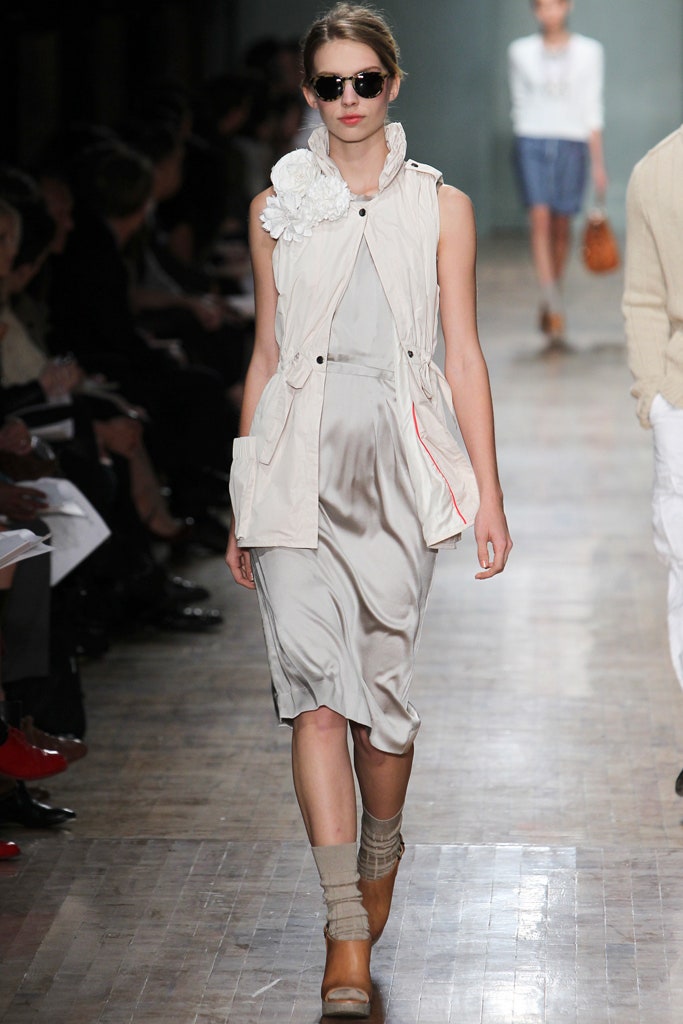 gray silk midi dress with white jacket