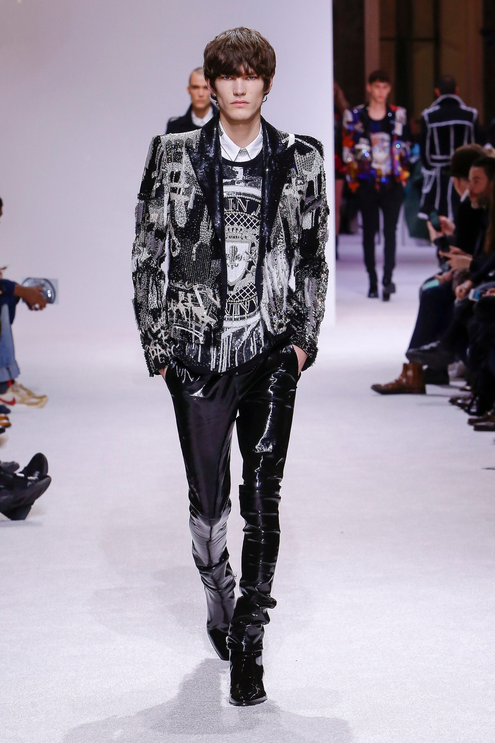 black and white embroidered blazer with slim pants