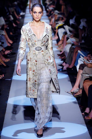 beige silk long-sleeve collared fitted embroidered belted coat