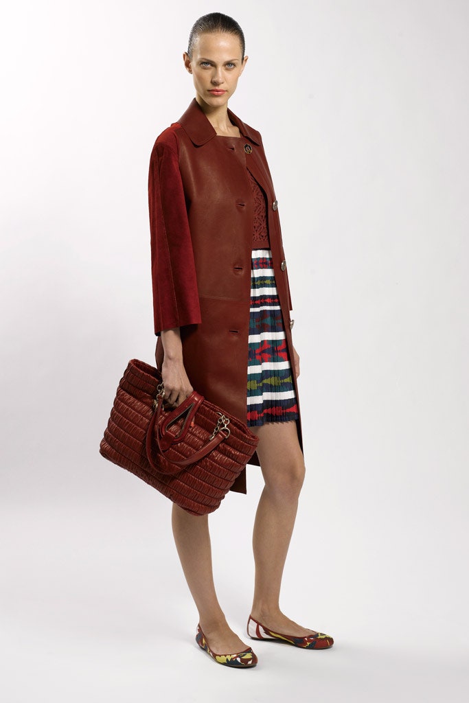 red leather coat with multi dress