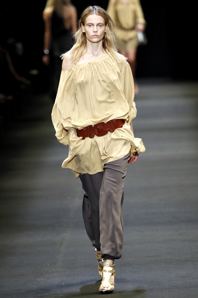 beige off-shoulder blouse with gray pants