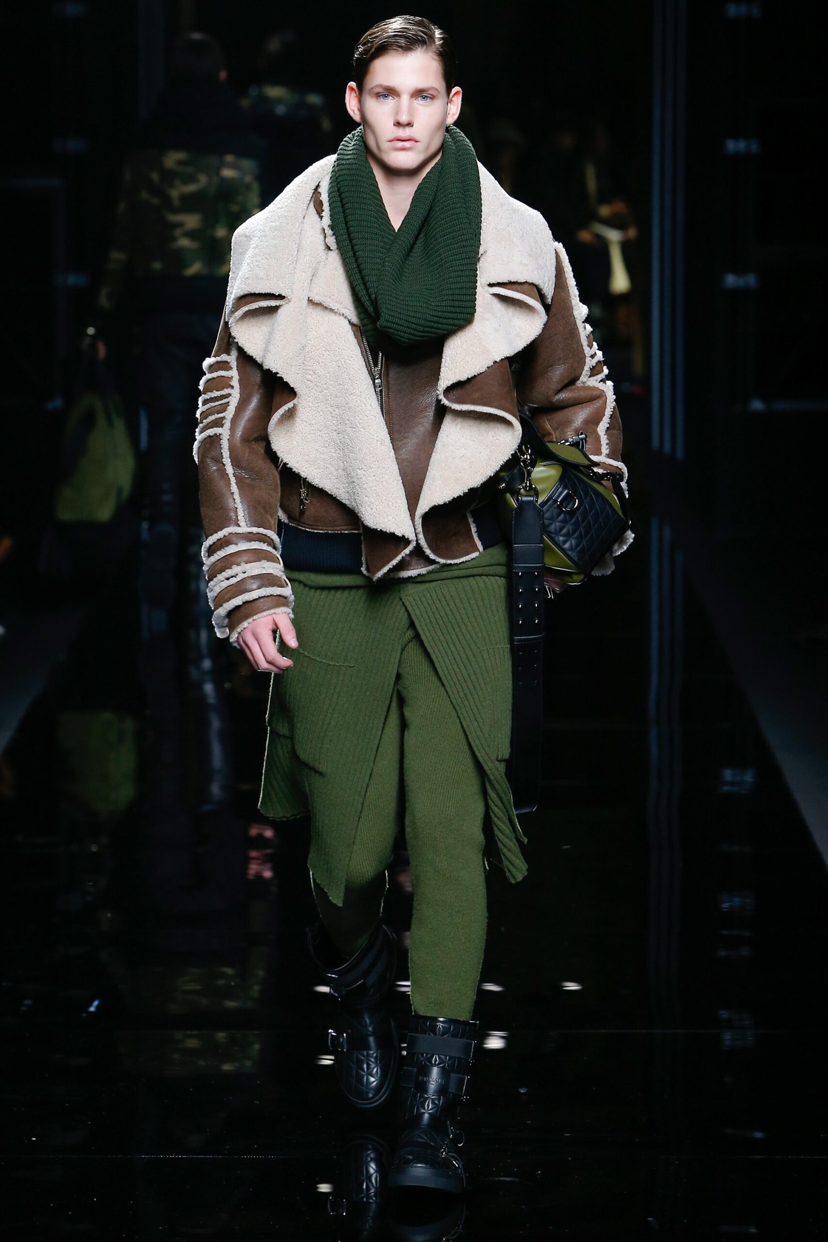 brown wool leather jacket with green pants