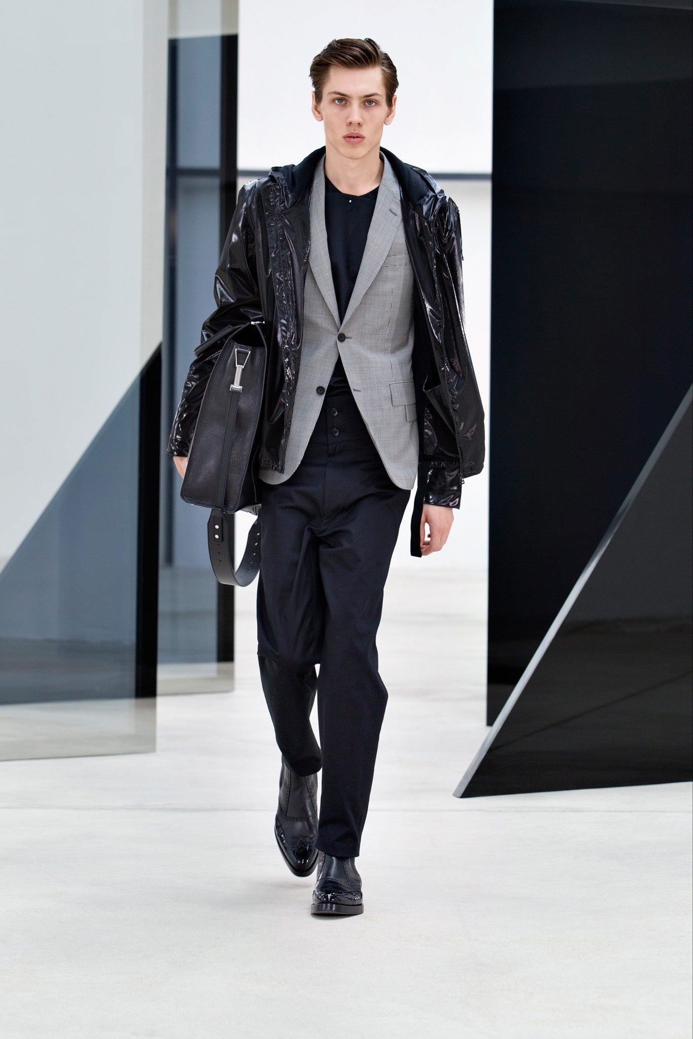 black vinyl jacket gray blazer