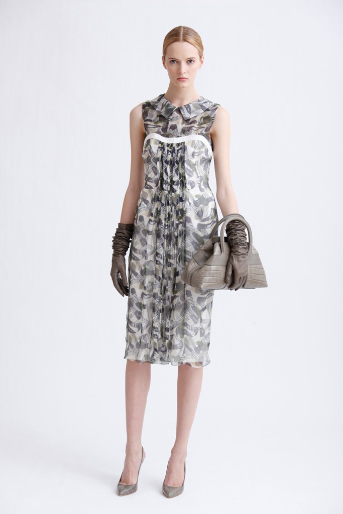 gray silk sleeveless high-neck fitted pleated sheer dress
