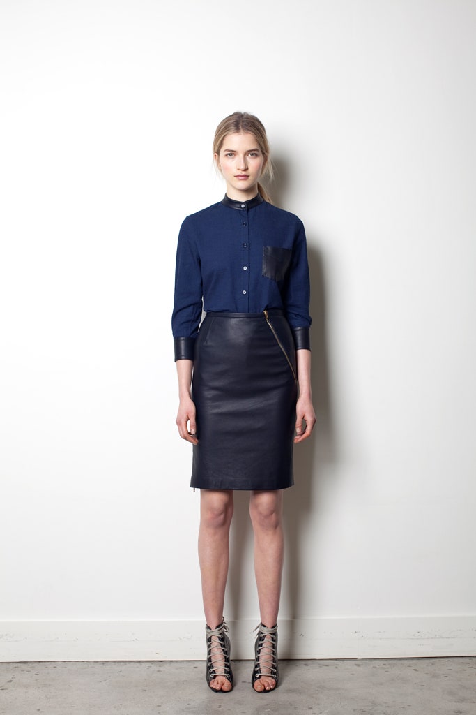 blue fitted shirt black leather skirt