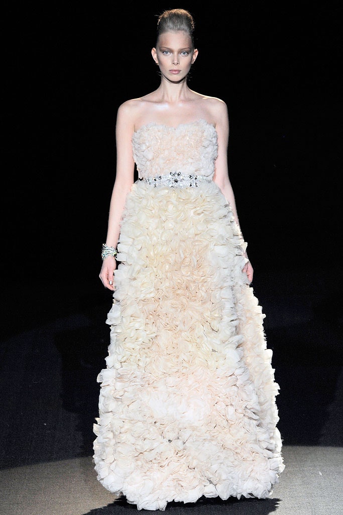 beige ivory ruffled strapless gown