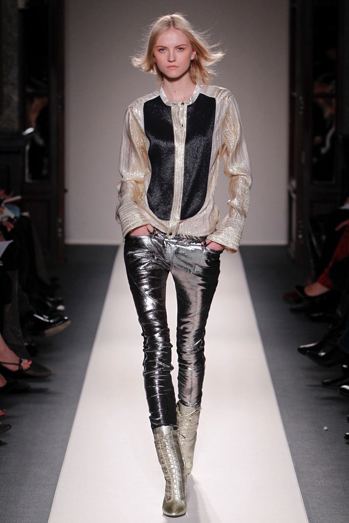 silver silk fitted shirt with metallic pants