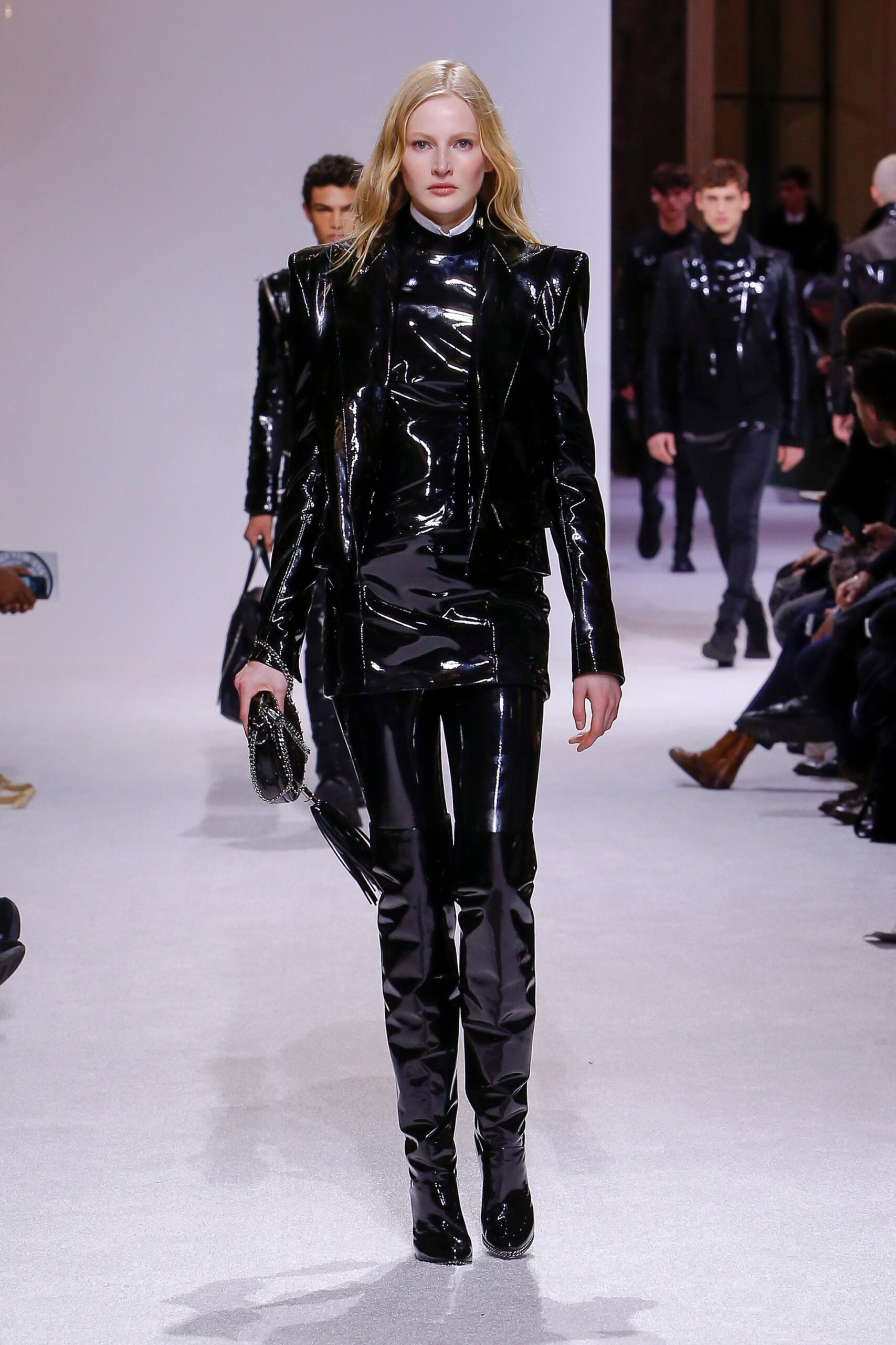 black vinyl long-sleeve collared fitted zippered shiny suit