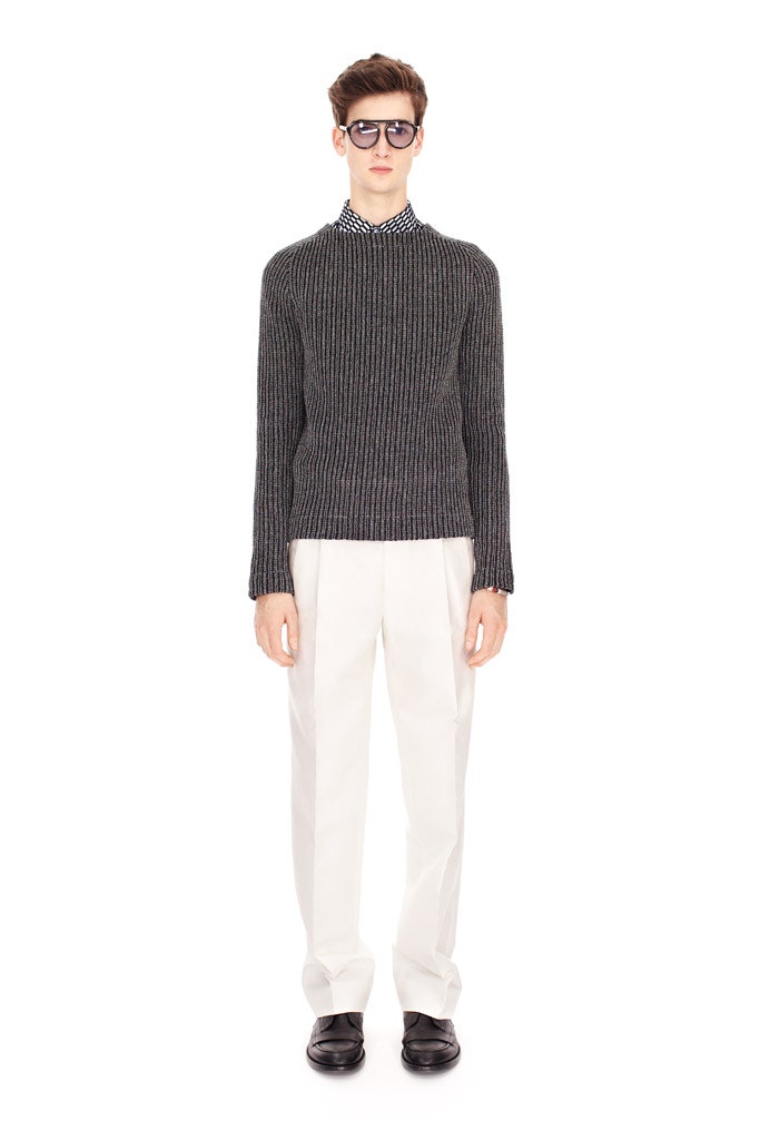 gray fitted sweater with polka-dot shirt