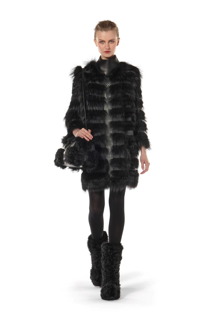 black faux-fur coat with leather dress