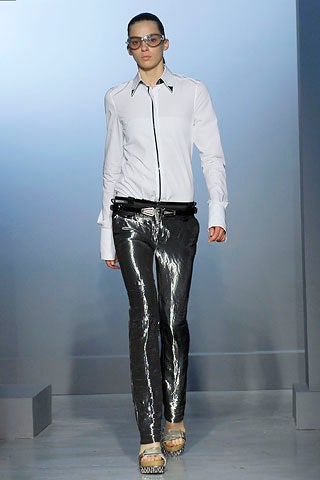 fitted white shirt and black vinyl pants