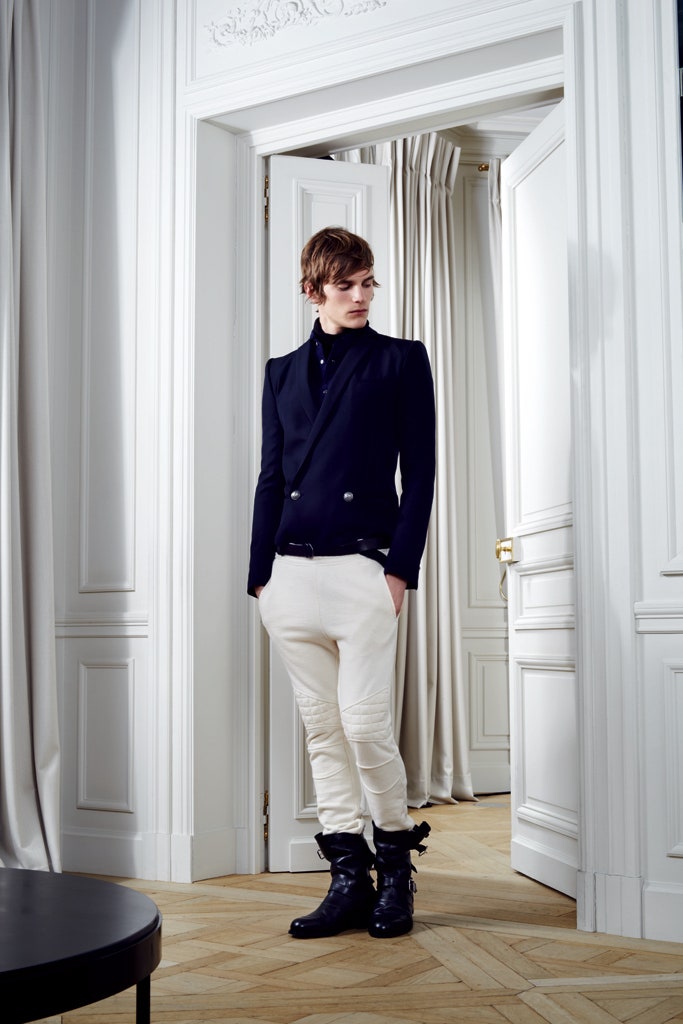 black tailored blazer white pants