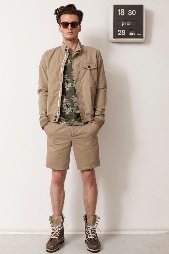 beige jacket with camouflage t-shirt
