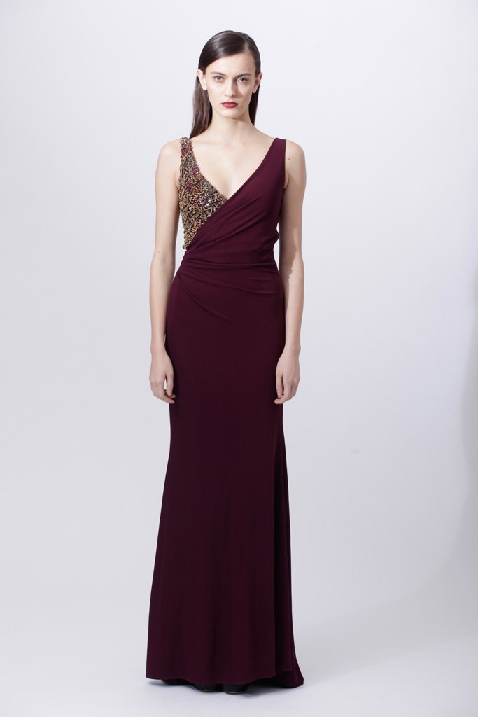 fitted maroon silk gown