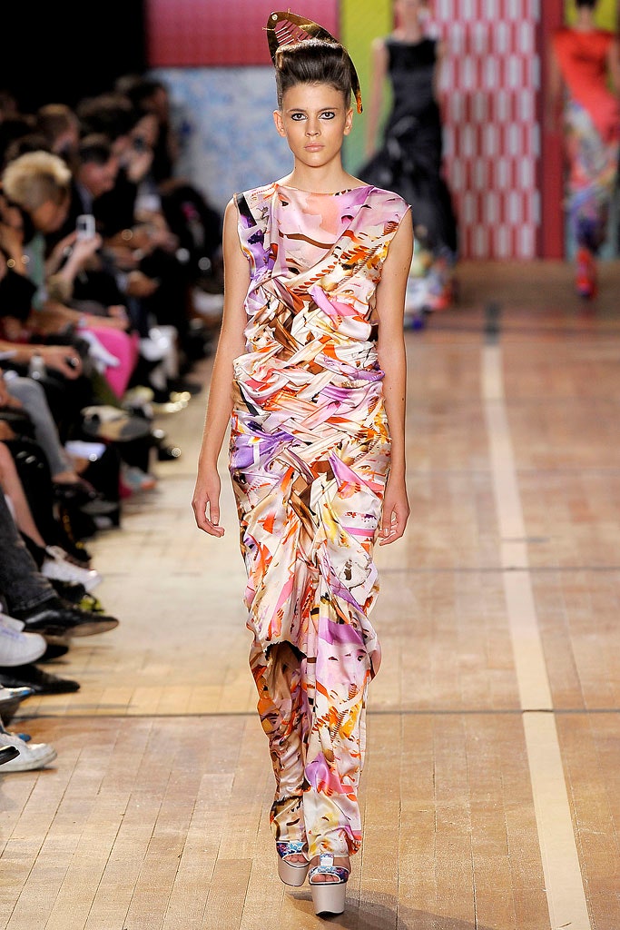 flowing pink and orange gown