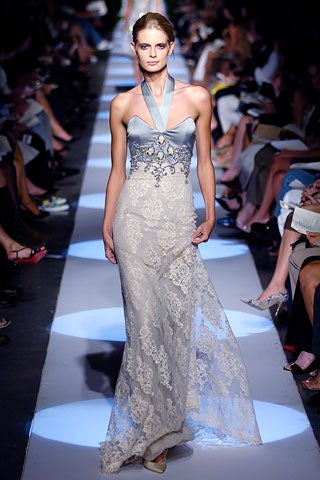 gray ivory embroidered halterneck gown
