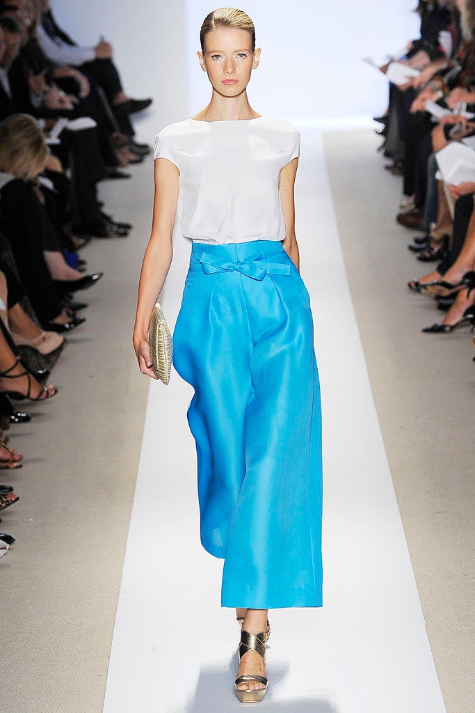 white silk top blue pants