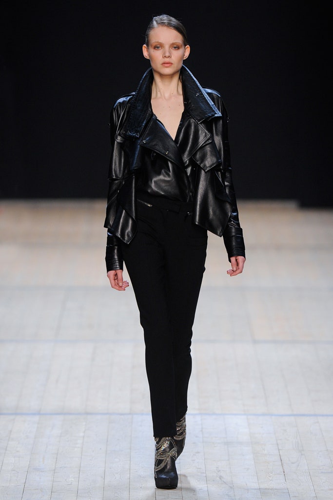 black leather jacket with slim pants