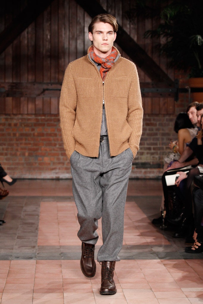 brown wool cardigan with gray pants