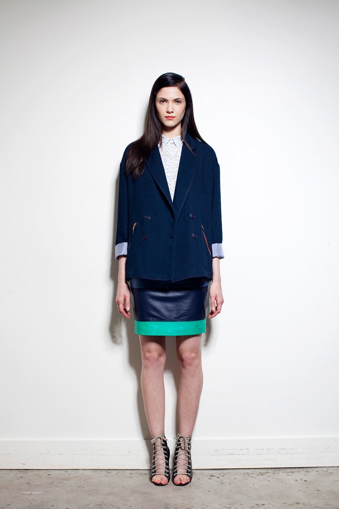 blue relaxed blazer with black skirt