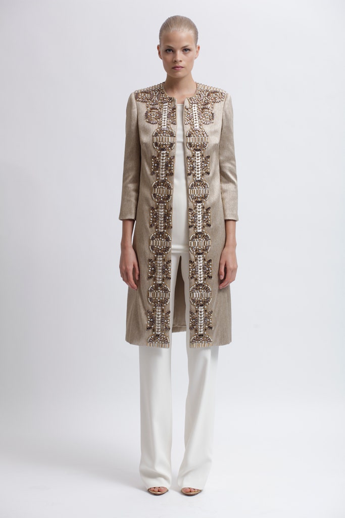 gold silk long-sleeve collared tailored embroidered buttoned coat