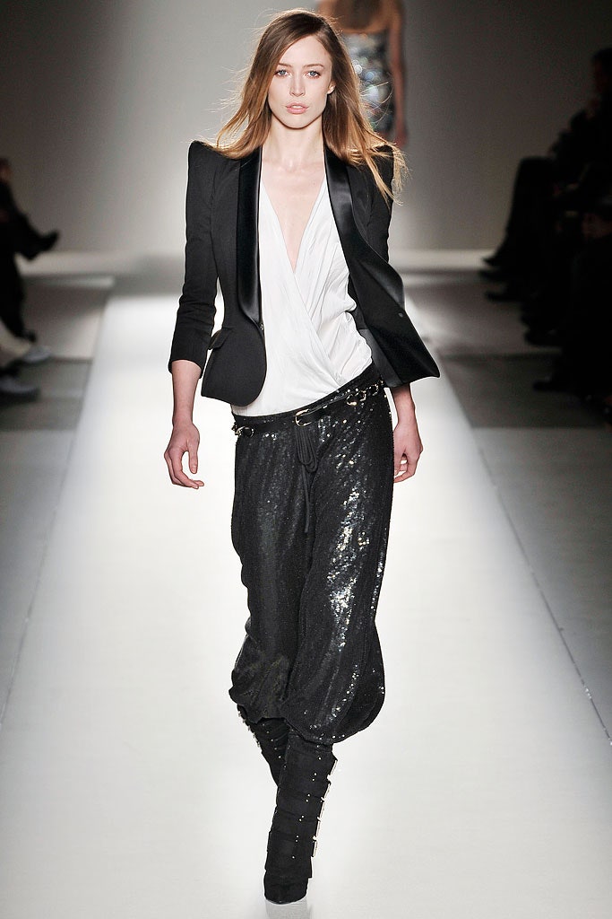 black blazer white top sequined pants