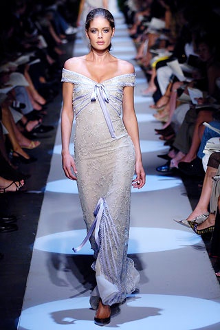 fitted gray silk off-shoulder gown