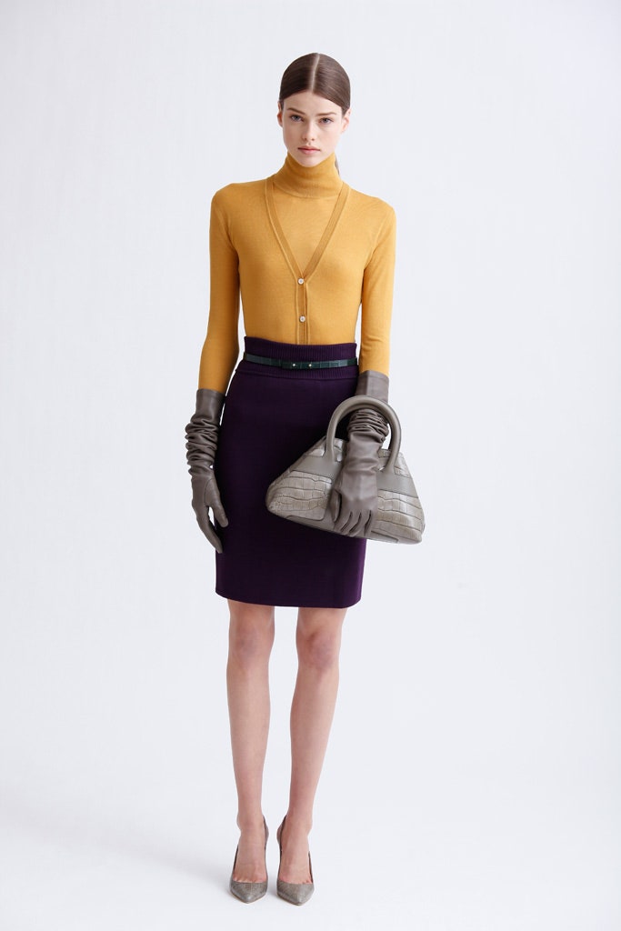 fitted yellow top and purple pencil skirt