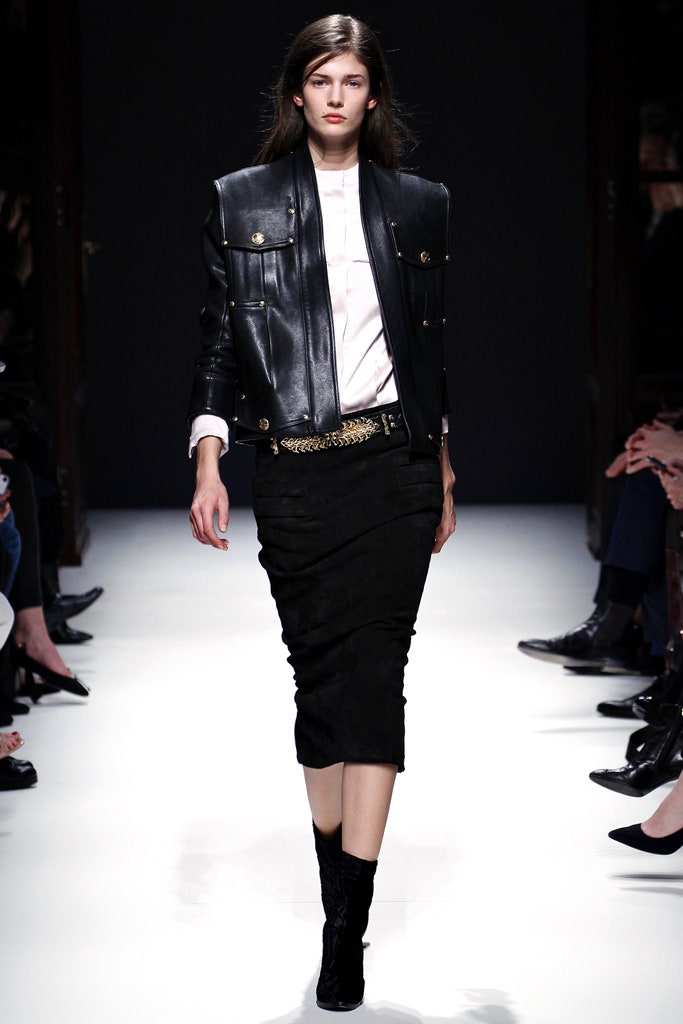 black leather jacket with pencil skirt