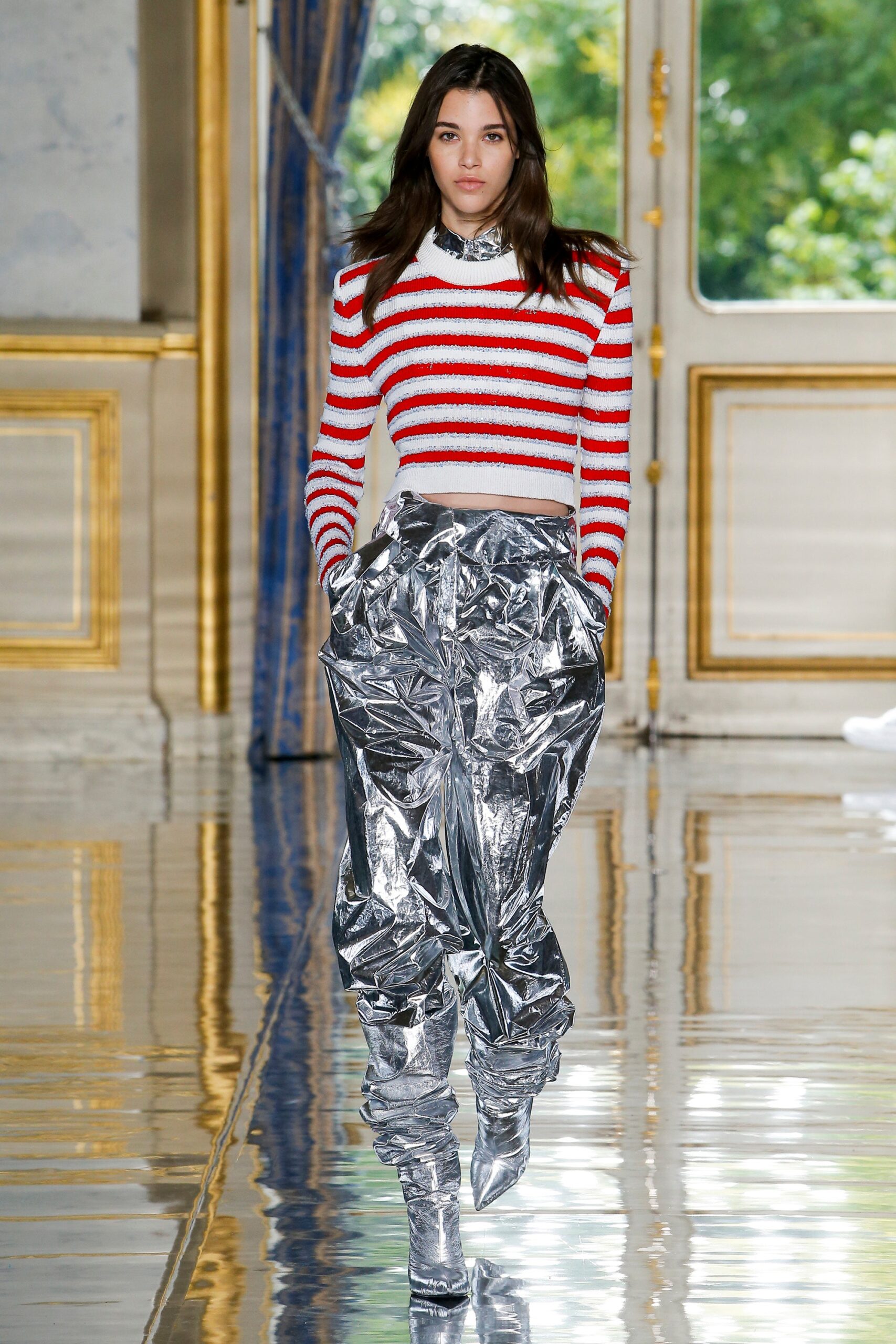 red and white striped top with silver pants
