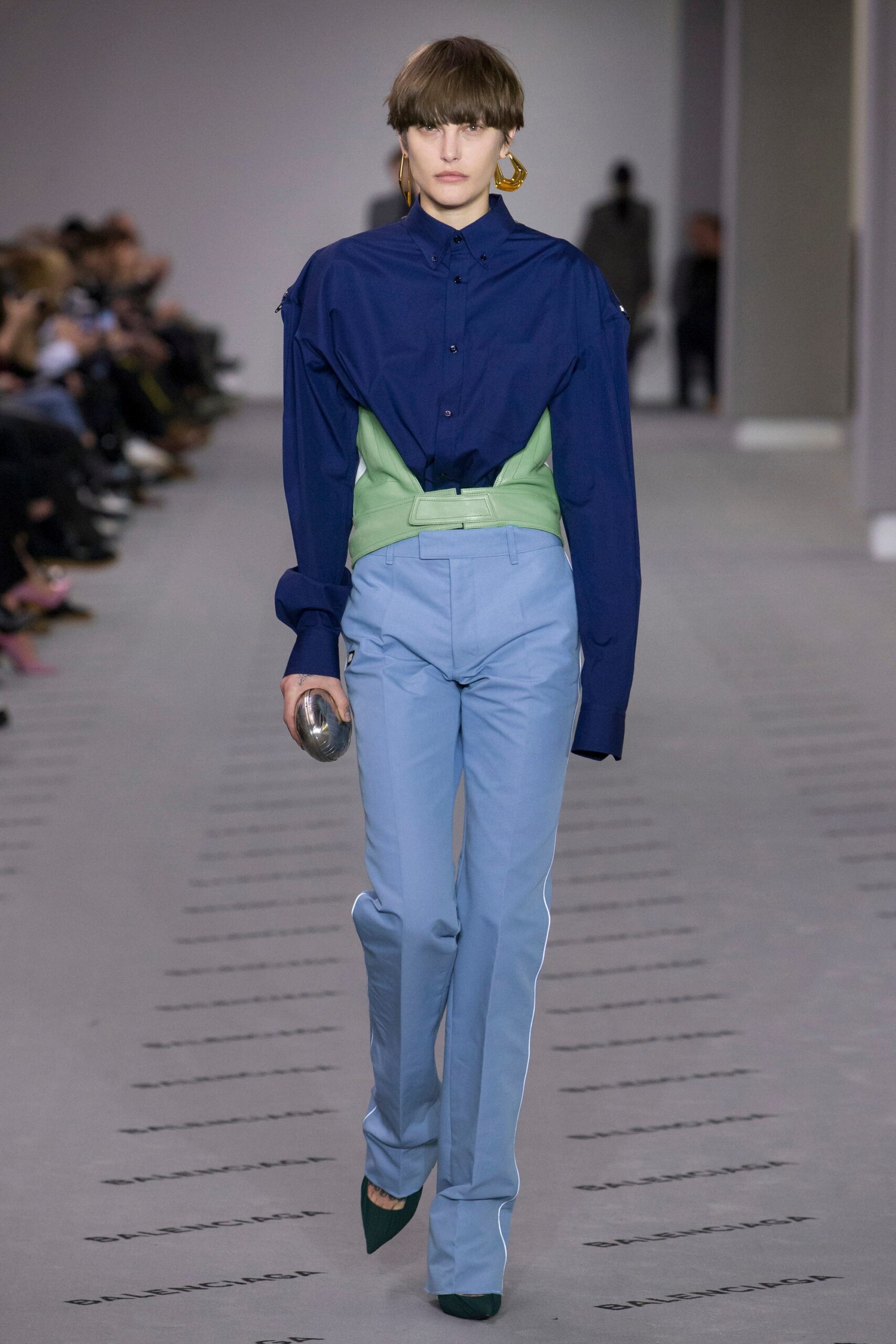 blue relaxed shirt with fitted pants