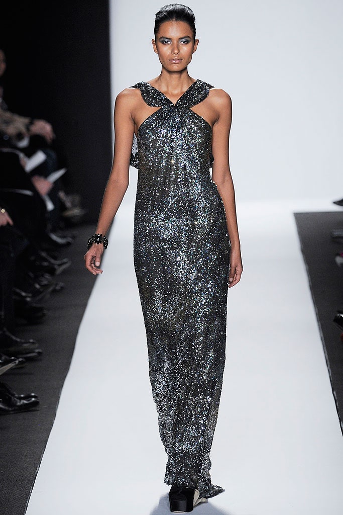 black sequined sleeveless gown